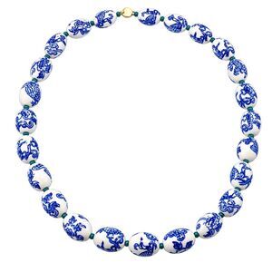 Antique Porcelain Hand Painted Large Dragon Blue White Bead Chinese Necklace 28"